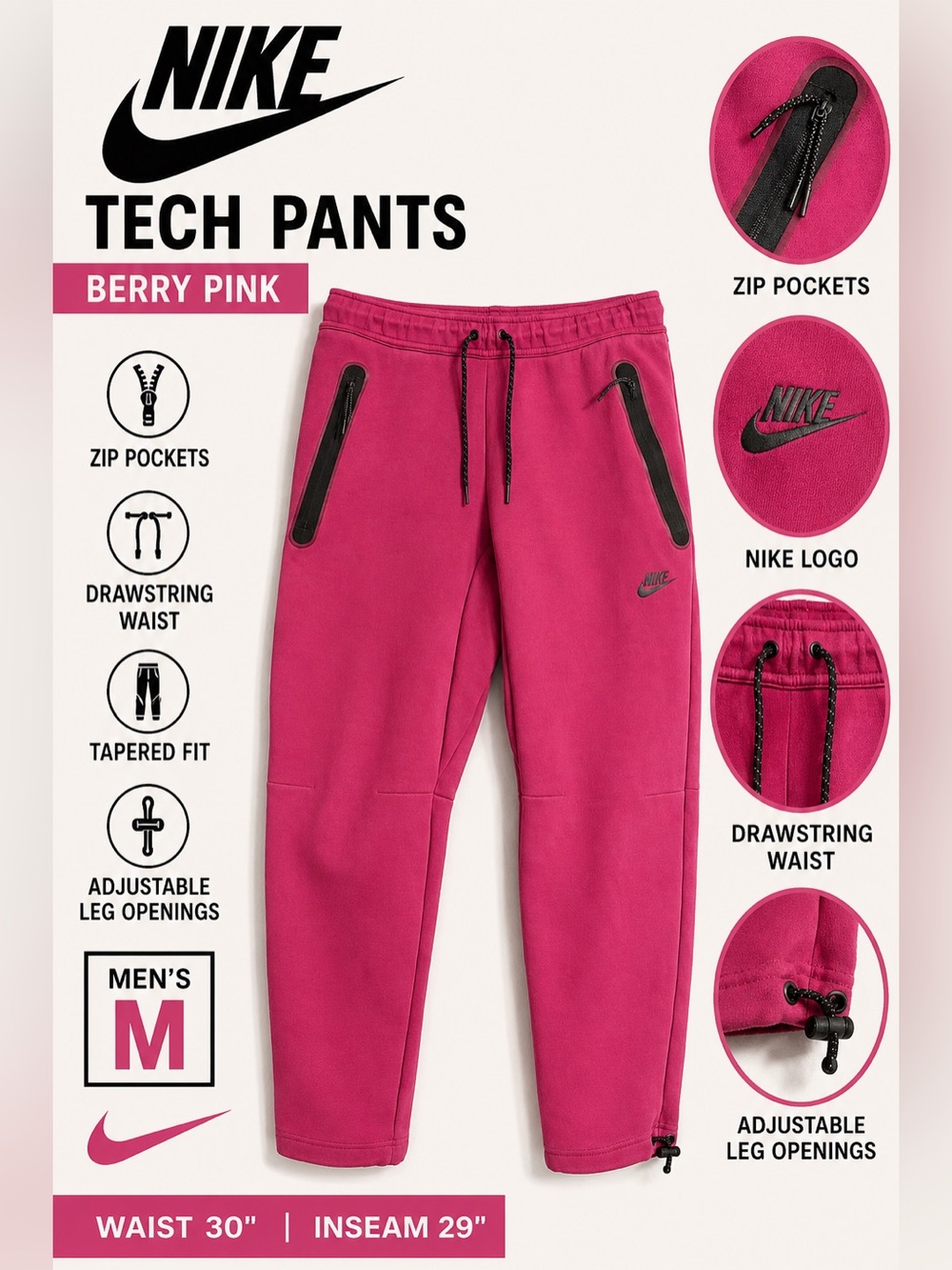 Nike Tech Fleece Jogger Pants Pink Black Zip Pockets Men’s Medium